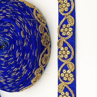 Royal Blue Art Silk Trim with Gold Floral Embroidery and Gold Sequins Indian Sari Border Trim By 3 Yards Decorative Trim Craft Lace
